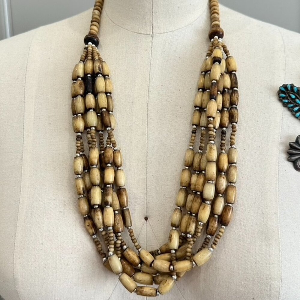 Vintage Multi Strand Layered Ethnic Tribal Beaded Statement Necklace 24"